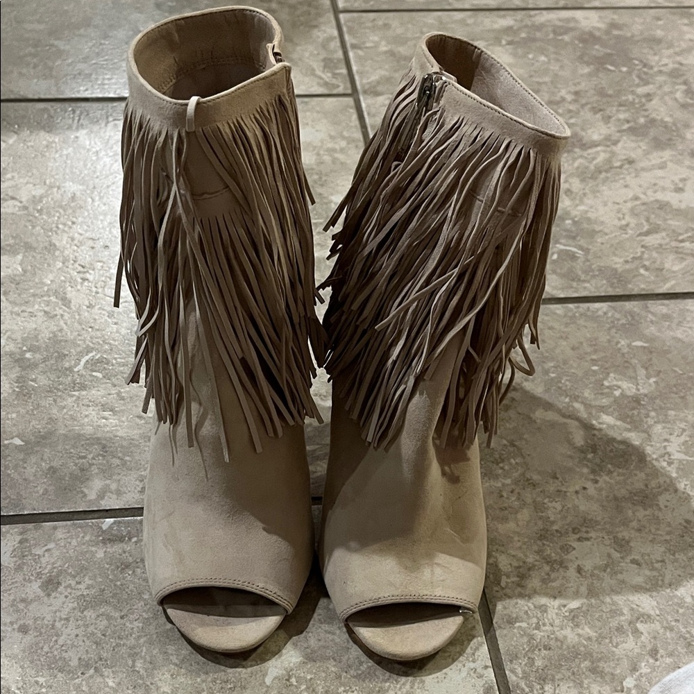 Sam Edelman Fringe Tan Peep-Toe Ankle Boots